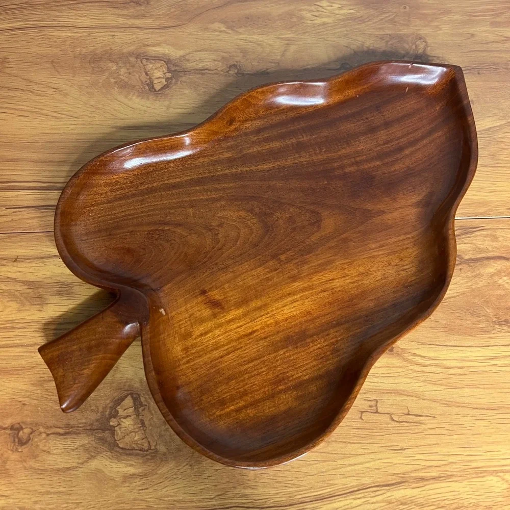 Vintage Mahogony Tray‎ MCM Leaf Wooden Haiti Coastal Boho Catchall Dish Decor